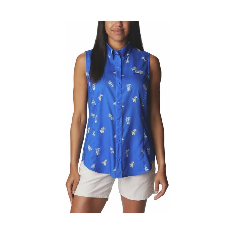 Columbia Women's Super Tamiami Sleeveless Shirt -  Blue Macaw Bouquet Foray - ONLINE STORE CREDIT/EXCHANGE ONLY Elegant Lace-Trimmed Short Shirt