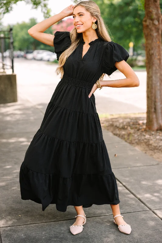 Coming Back For You Black Tiered Midi Dress Cozy Wide Strap Midi Dress