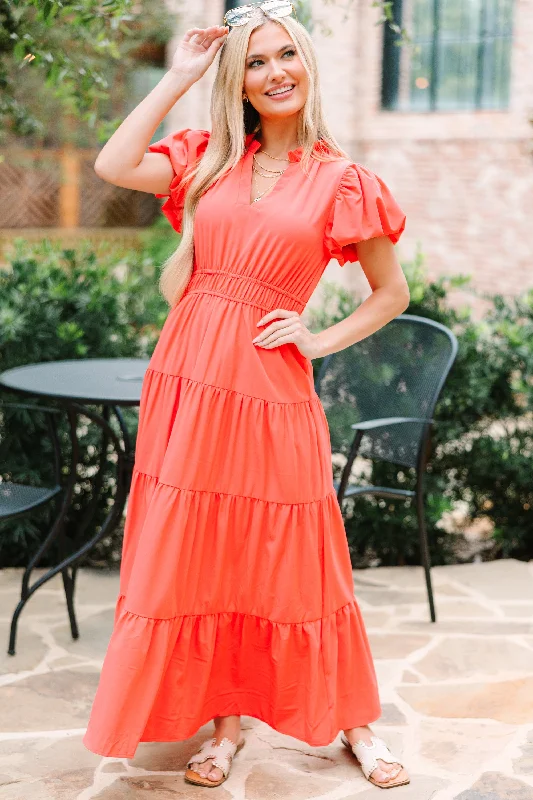 Coming Back For You Red Orange Tiered Midi Dress Trendy Square Neck Midi Dress