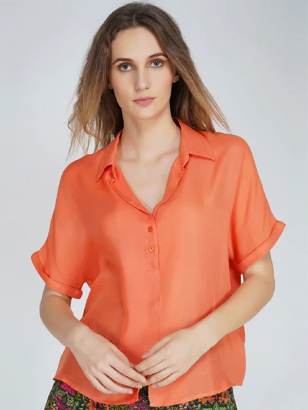 Coral Shirt Top Comfortable Fitted Short Sleeve