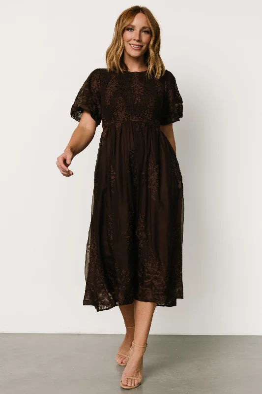 Corrine Embroidered Midi Dress | Brown Comfortable Draped Midi Dress