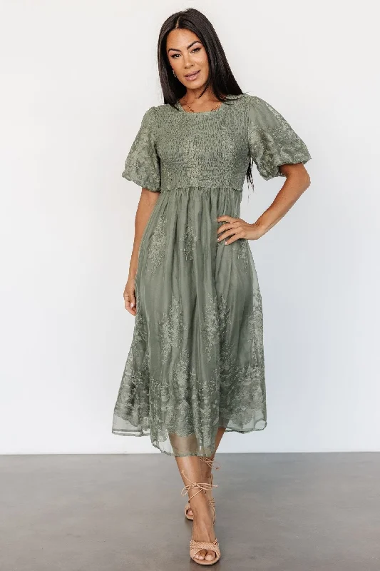 Corrine Embroidered Midi Dress | Deep Sage Trendy Tiered Hem Midi Dress