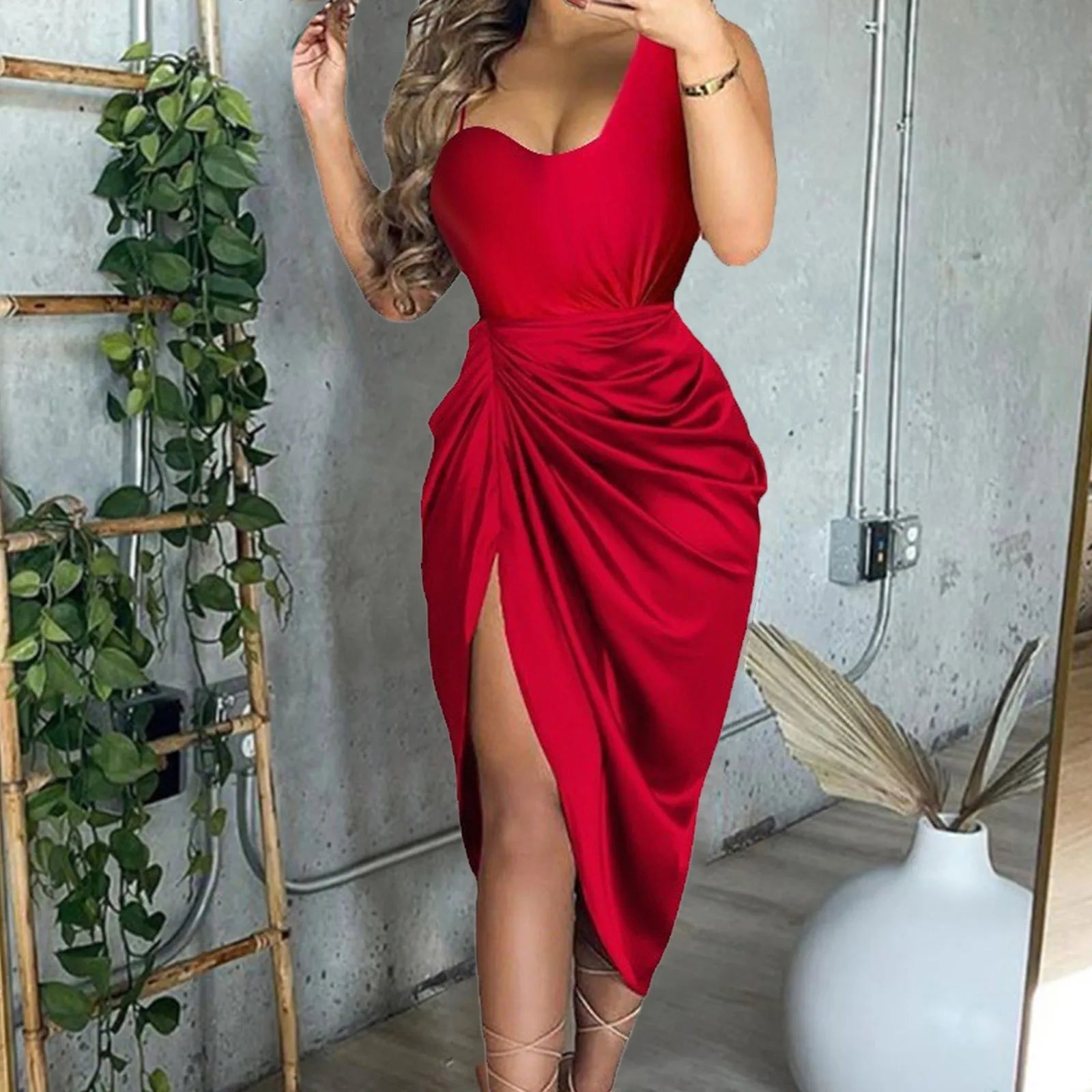 Wedding Guest For Women Solid Color Side Slit Smocked One Shoulder Evening Casual Party Midi Dress Trendy Midi Dress with Belt