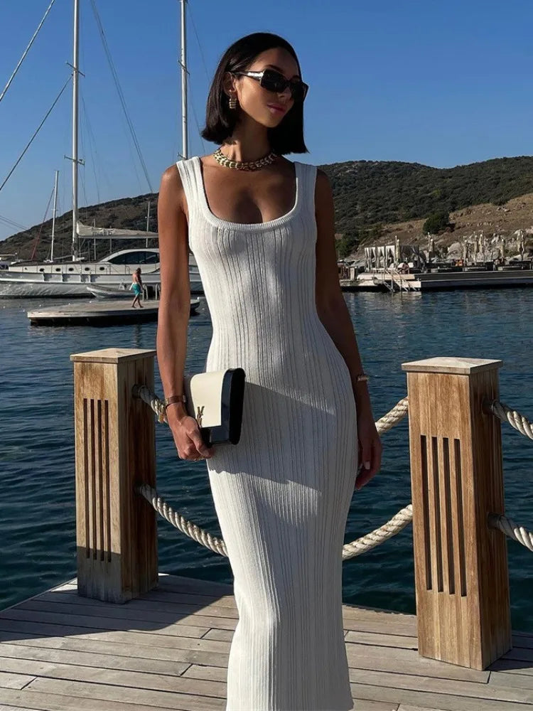 White Knitted Women Summer Fashion Square Colloar Sleeveless Bodycon Party Lady Casual 2024 Midi Dress Stylish Satin Midi Dress