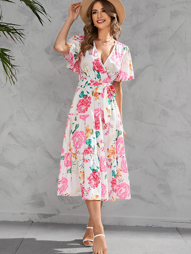 Summer Women Casual Floral Print Ruffle Big Hem Beach Fashion V Neck Bandage White 2024 New Midi Dress Fashionable Floral Embroidery Midi Dress