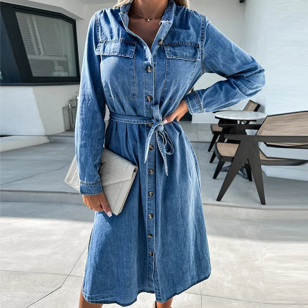 Imitation Denim For Women 2024 Autumn Korean Fashion Elegant Vestido Skirt Y2K Long Sleeved Female Clothing Midi Dress Stylish Midi Dress with Cuffs