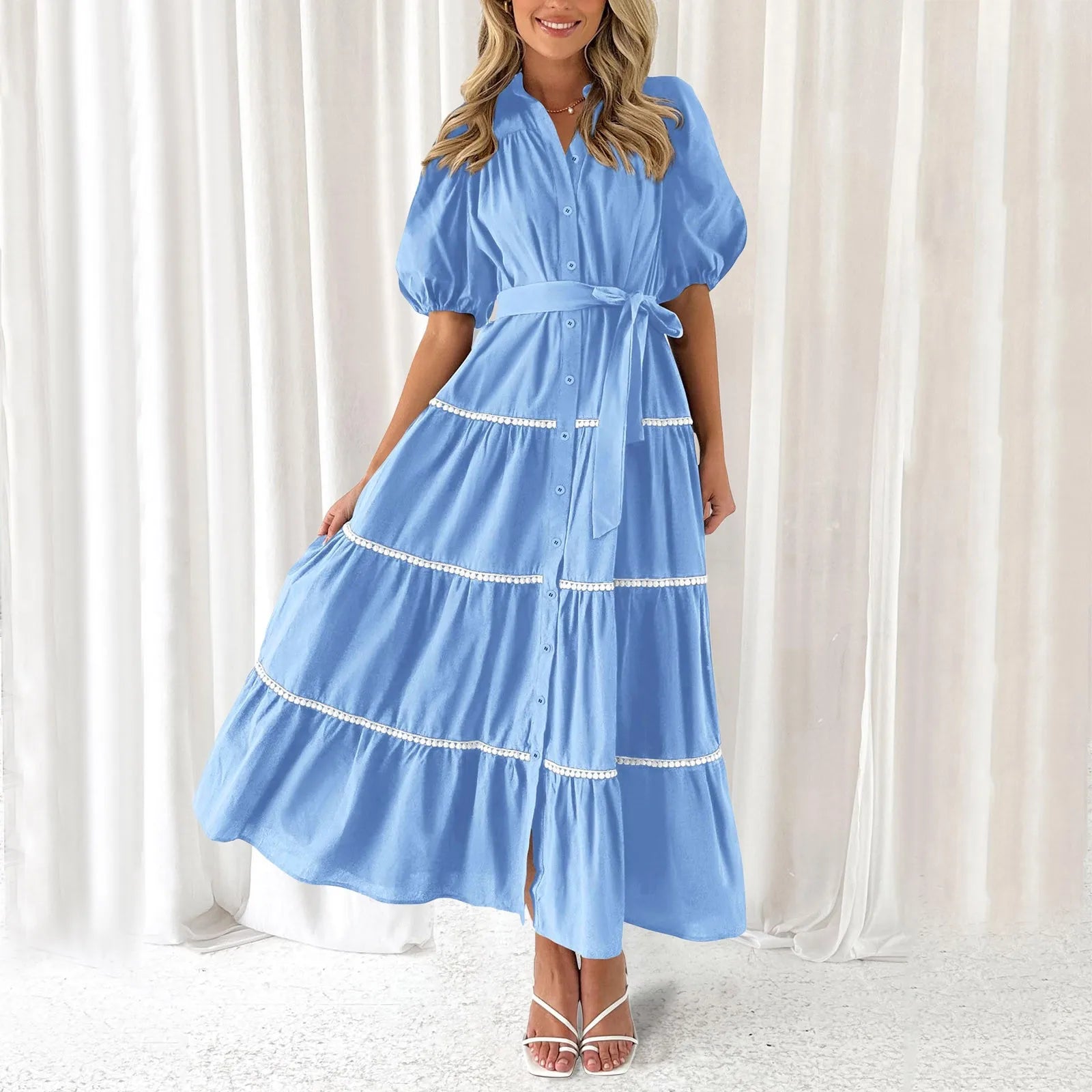 Women Suspender Fashion V-neck Backless High Waist Large Swing Vestido Summer Female Chic Vacation Robes Midi Dress Elegant Maxi-Midi Hybrid Dress