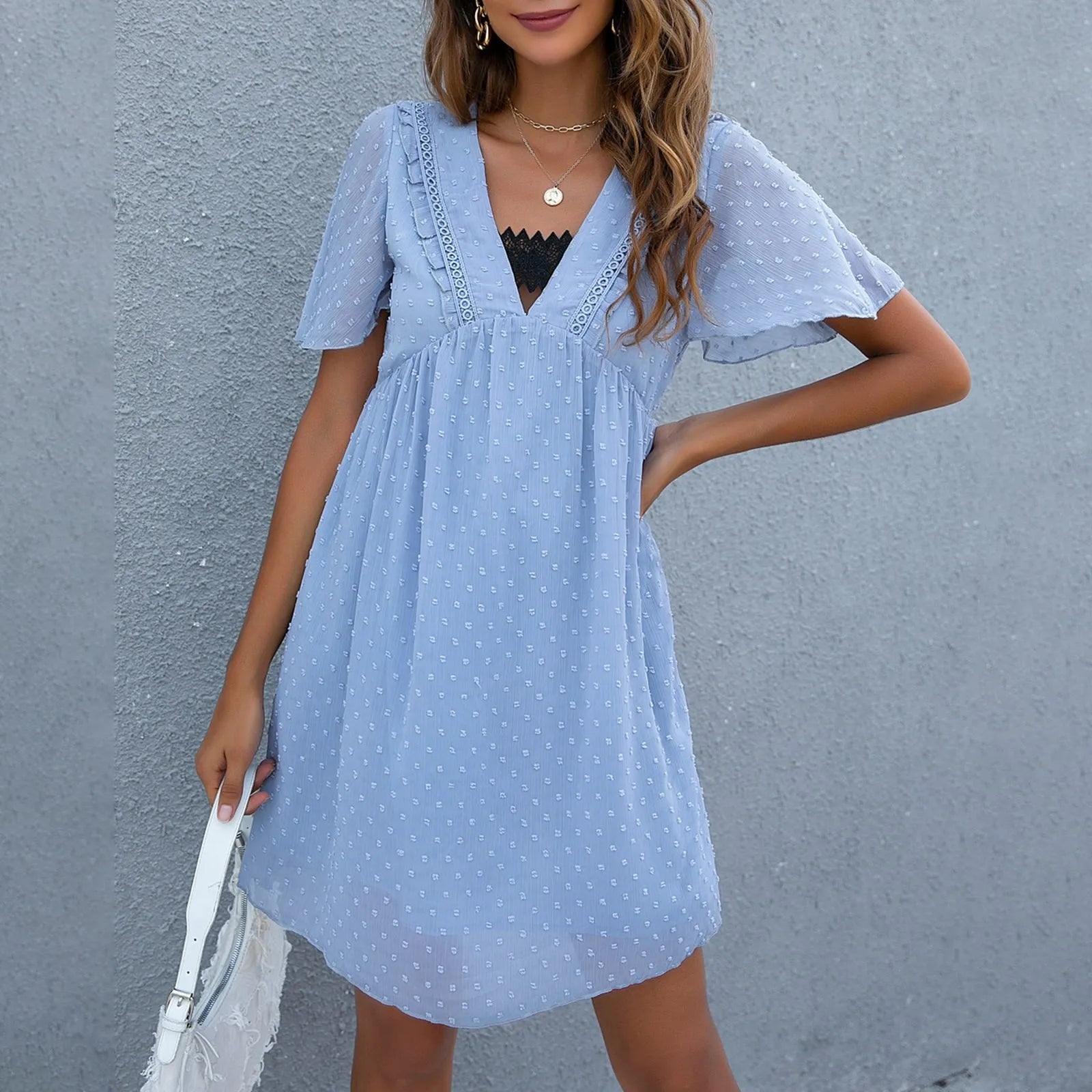 Holiday 2024 Women's Solid Color Fitted Short Sleeve Deep V Neck Bodycon Cotton And Linen Vestidos Midi Midi Dress Elegant Pleated Sleeve Midi Dress