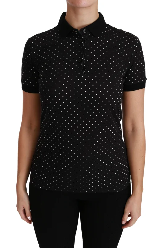 Elegant Black Dotted Polo Shirt Trendy Floral Print Tee