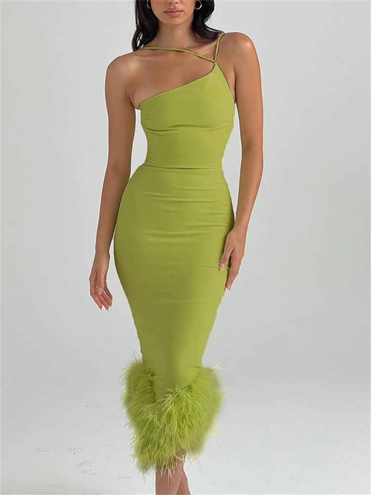 Elegant Feather Hem Sleeveless Party Club Asymmetrical Strap Midi Dress Elegant Maxi-Midi Hybrid Dress