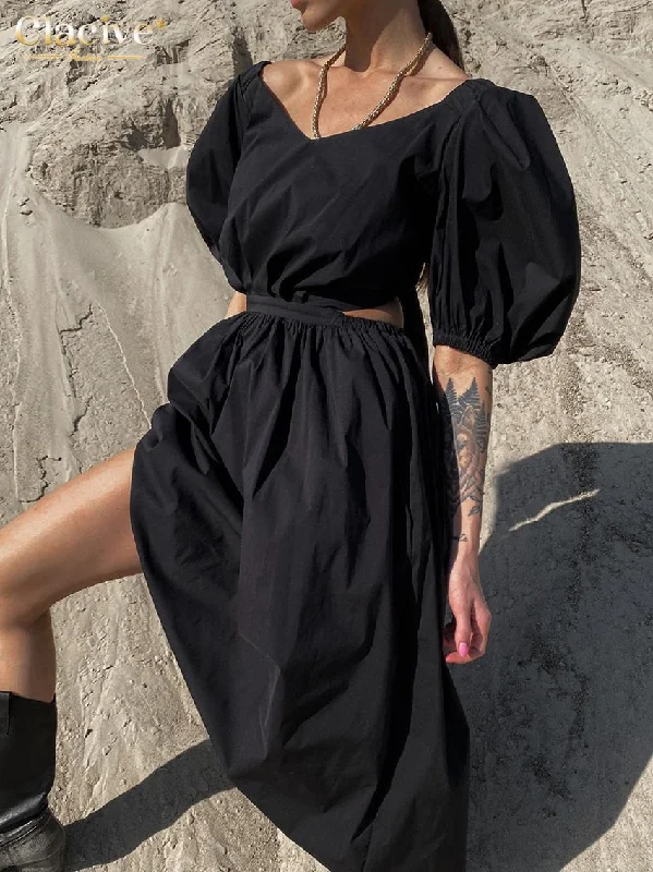 FashionSierra - Elegant Loose High Waist Midi Dresses Sexy Hollow Out Backless Female Dress Stylish Pleated Skirt Midi Dress