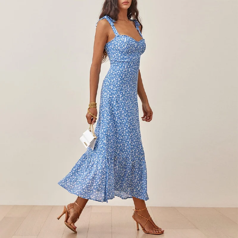 FashionSierra - Elegant Ruffle Hem Floral Chiffon Midi Dress Neck Strap Tie Sexy Slip Dress Comfortable Ribbed Midi Dress