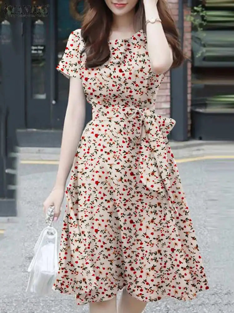 Elegant Short Floral Summer O Neck Holiday Casual Knee Length Robe Femme Midi Dresses Comfortable Knitwear Midi Dress