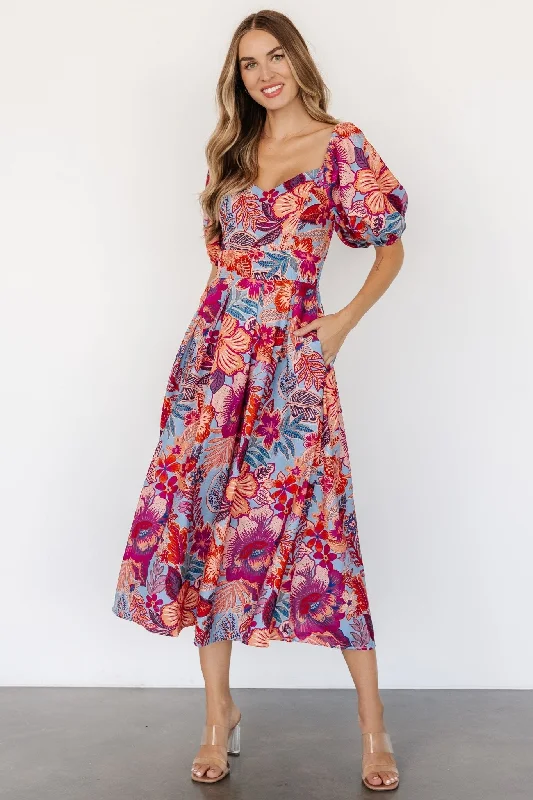 Elisha Midi Dress | Blue + Multi Floral Stylish Tiered Midi Dress