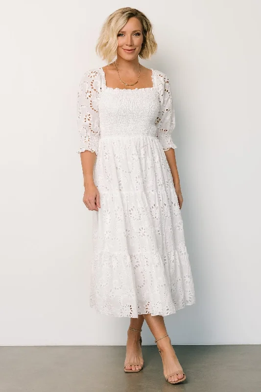 Ella Eyelet Midi Dress | White Stylish Off-Shoulder Ruffle Dress