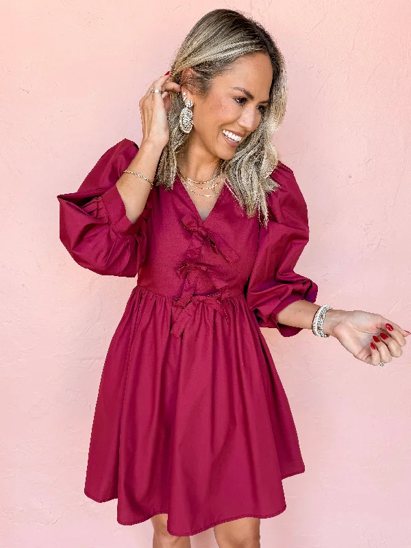 Just A Girl Bow Mini Dress-Garnet Fashionable Button-Front Mini Dress