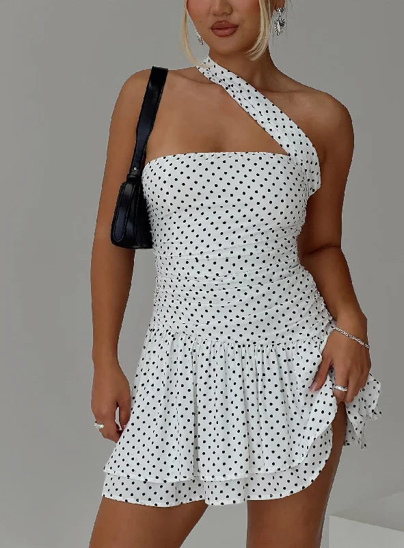 Escapades One Shoulder Mini Dress White / Black Polka Classic Casual Mini Dress