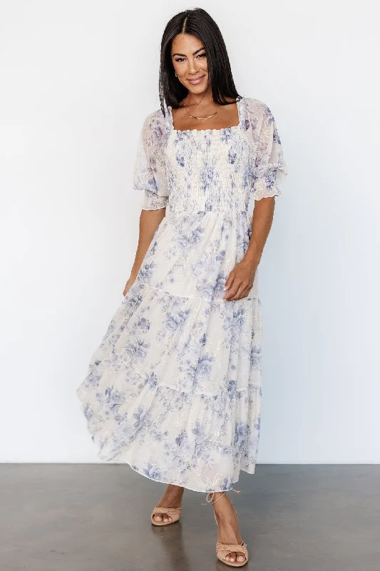 Fabian Jacquard Midi Dress | Cream + Blue Floral Chic Bohemian Midi Dress