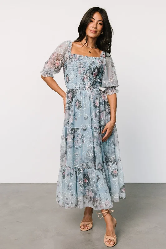 Fabian Jacquard Midi Dress | Light Blue Multi Fashionable Floral Embroidery Midi Dress