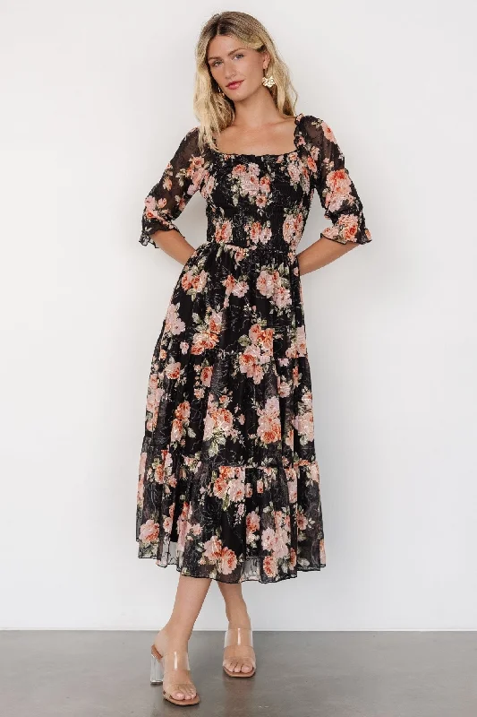 Fabian Jacquard Midi Dress | Peach + Black Floral Fashionable Shift Midi Dress