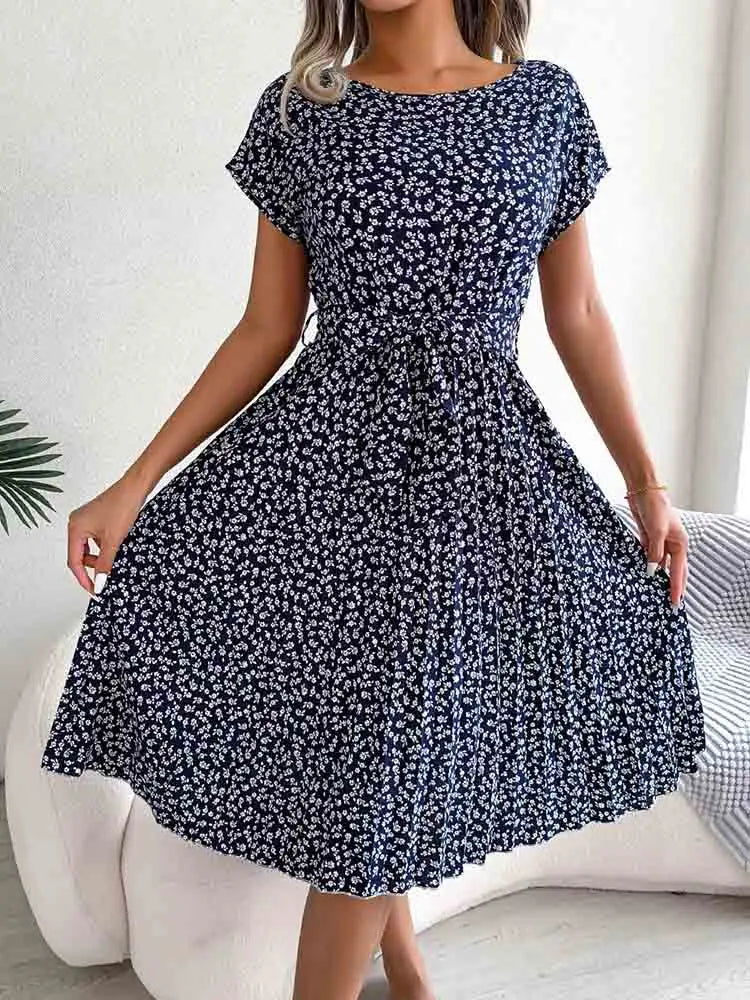 Fashion Floral A Line Short Sleeve High Waist Chic Midi Dresses Stylish Vintage Midi Dress