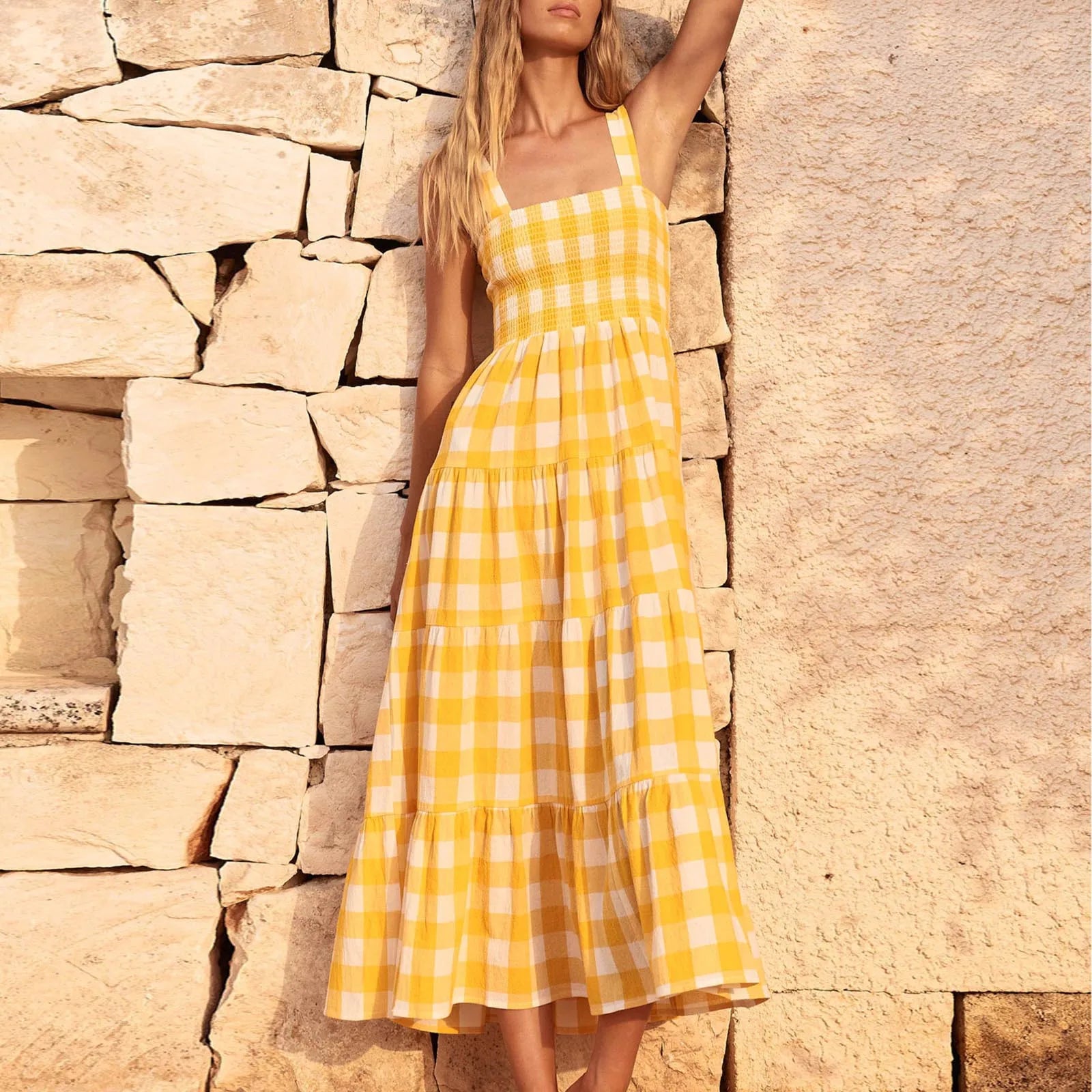 Fashionable Loose Strappy Plaid Vacation Beach Party Sleeveless Casual Tiered Midi Dress Stylish Striped Midi Dress