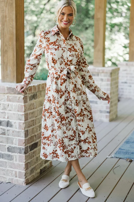 Fate: On Call Ivory/Brown Floral Midi Dress Trendy Ruched Side Midi Dress