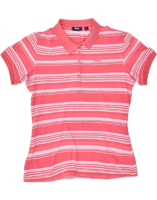 FILA Womens Polo Shirt UK 16 Large Pink Striped Cotton Fashionable Draped Short Sleeve FILA Womens Polo Shirt UK 16 Large Pink Striped Cotton Fashionable Draped Short Sleeve