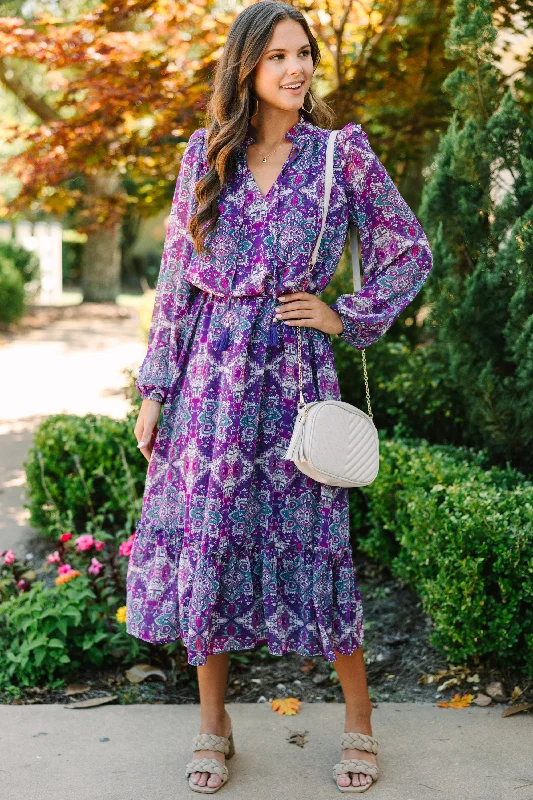 Fate: Find Your Love Plum Purple Floral Midi Dress Cozy Knit Midi Dress