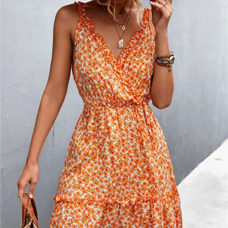 Floral Collar Lace Comfortable Casual LOOSE Midi Dresses Comfortable Lace-Up Midi Dress