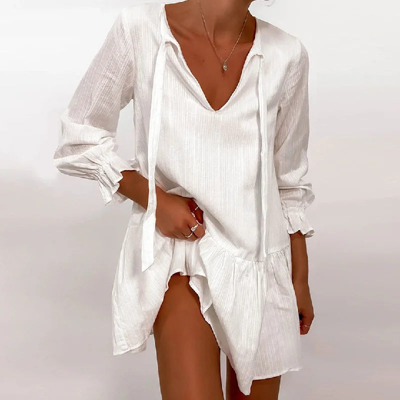 BerryBetty - Flowy Textured Tie Front Ruffle Long Sleeve Babydoll Mini Dress - White Chic Tropical Mini Dress