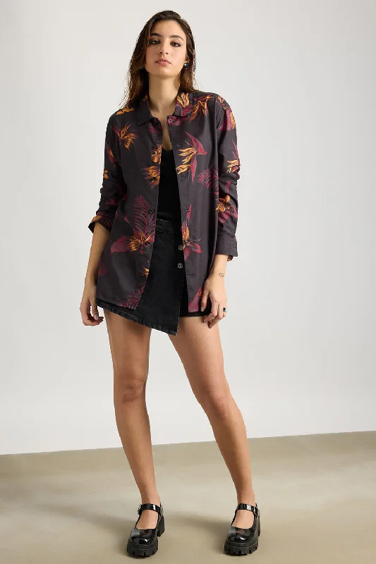 Full Sleeves Flamy Fern Printed Women's Shirt Comfortable Loose Short Sleeve