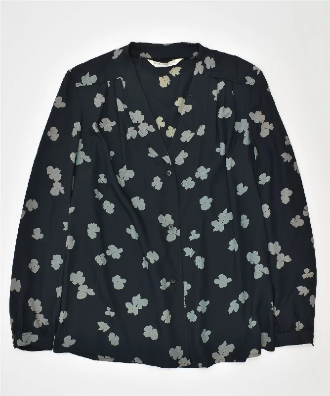 GENNYPIER Womens Shirt Blouse IT 48 XL Navy Blue Floral Vintage Casual Ruffle Short Shirt GENNYPIER Womens Shirt Blouse IT 48 XL Navy Blue Floral Vintage Casual Ruffle Short Shirt
