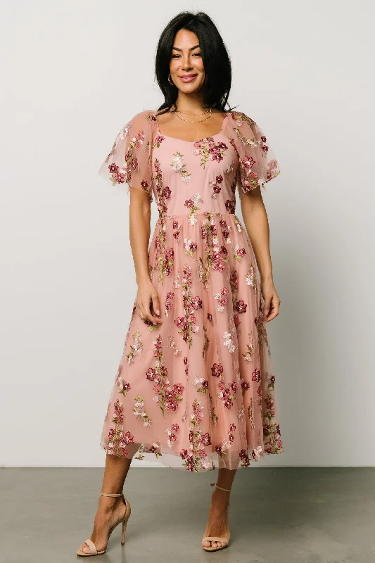 Gwyneth Tulle Midi Dress | Blush Floral Elegant Satin Slip Midi Dress