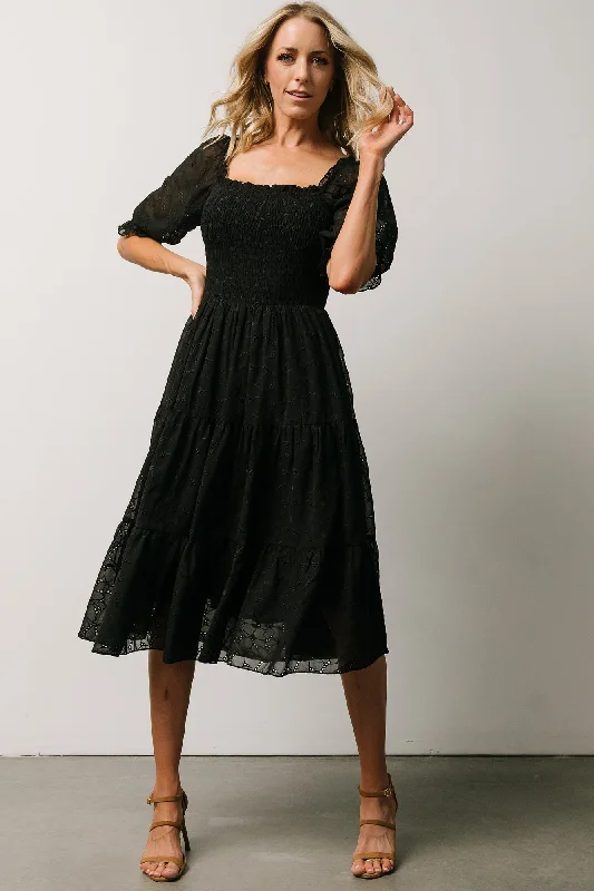 Hazel Eyelet Midi Dress | Black Elegant V-Neck Midi Dress