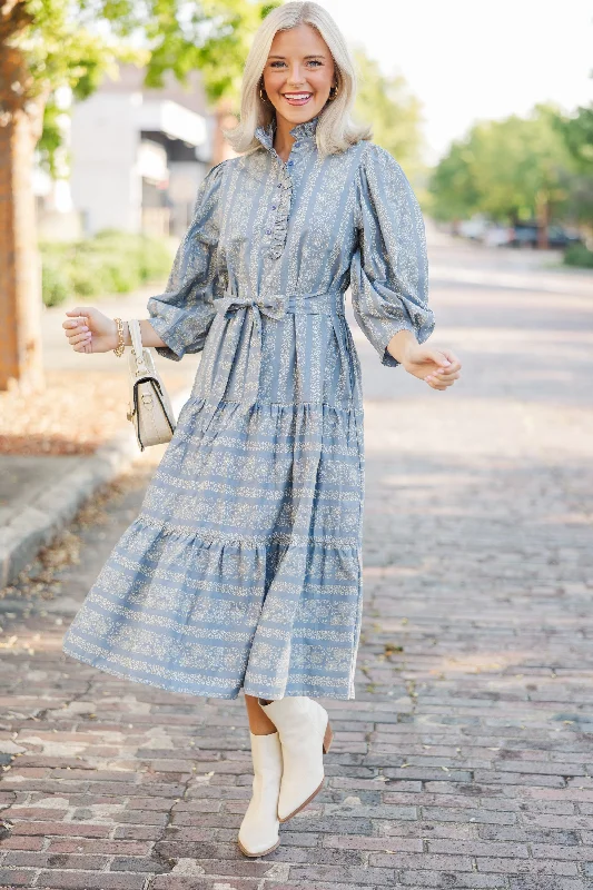 Hold On To Your Dreams Blue Floral Midi Dress Comfortable Draped Midi Dress