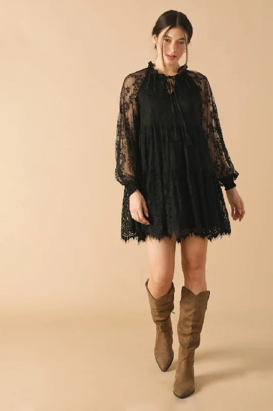 THIS & THAT BLACK WOVEN LACE MINI DRESS Fashionable Off-Shoulder Mini Dress