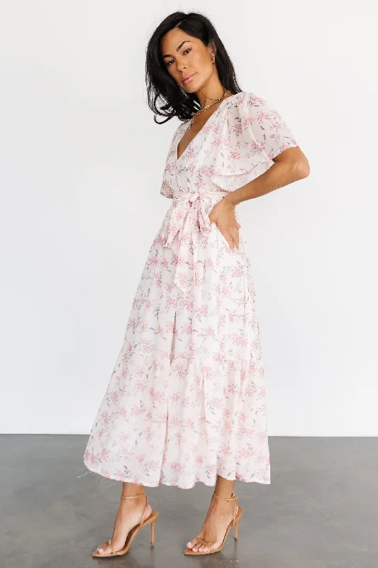 Iris Midi Dress | Blush Floral Stylish Off-Shoulder Ruffle Dress