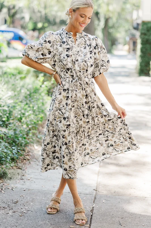 It's A Match Cream Floral Floral Midi Dress Comfortable Draped Midi Dress