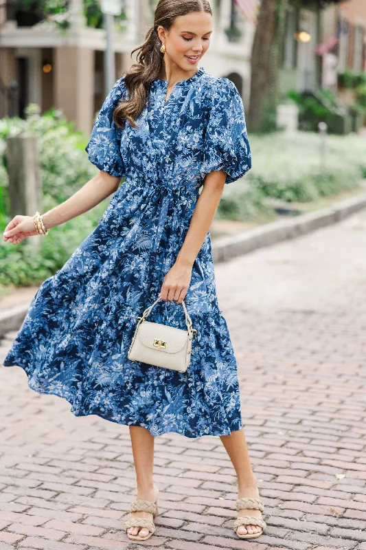 It's A Match Navy Toile Midi Dress Classic Black Midi Dress