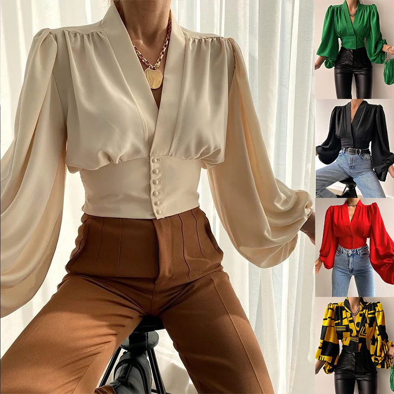 J&H 2023 hot sale S-5XL sexy v neck corset top women elegance puff sleeve fashion blouse shirts casual fall clothes whoelseale Relaxed Cotton Short Shirt