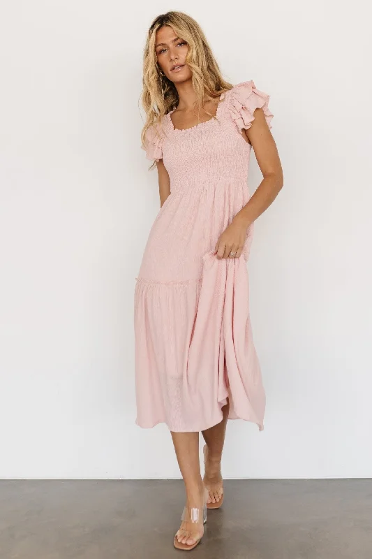 Jacie Smocked Midi Dress | Blush Stylish Long Sleeve Floral Midi Dress