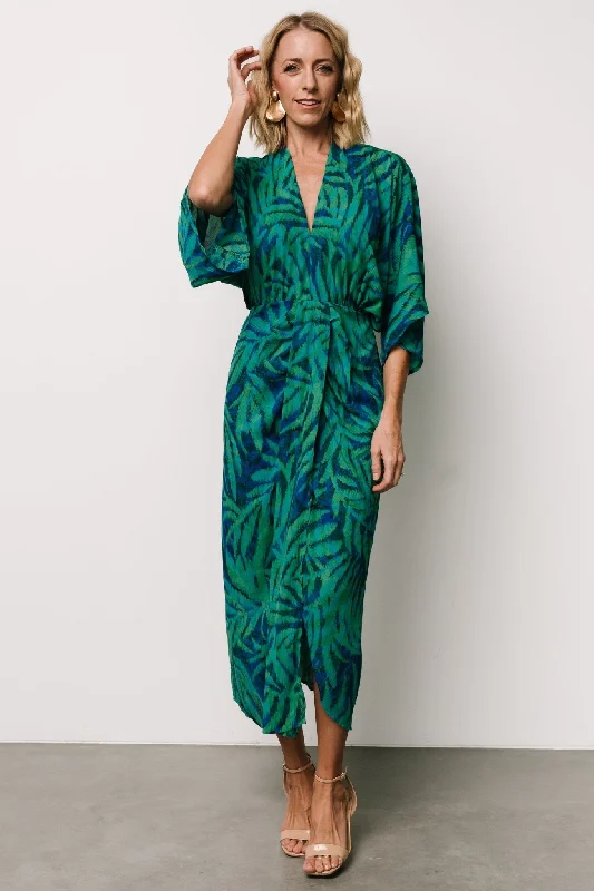 Janessa Midi Dress | Green + Blue Print Elegant Floral Skirt Midi Dress