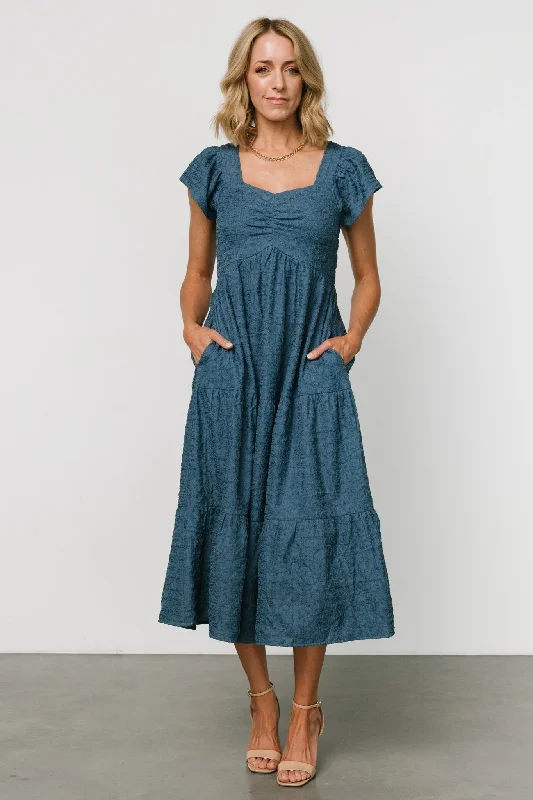 Kesler Midi Dress | Blue Trendy Off-Shoulder Button Midi Dress