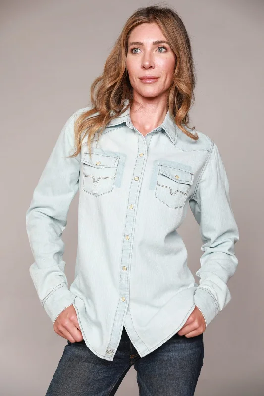 Kimes Ranch Womens Kaycee Top Destroy Denim Cotton Blend L/S Shirt Relaxed Fit Short Tunic