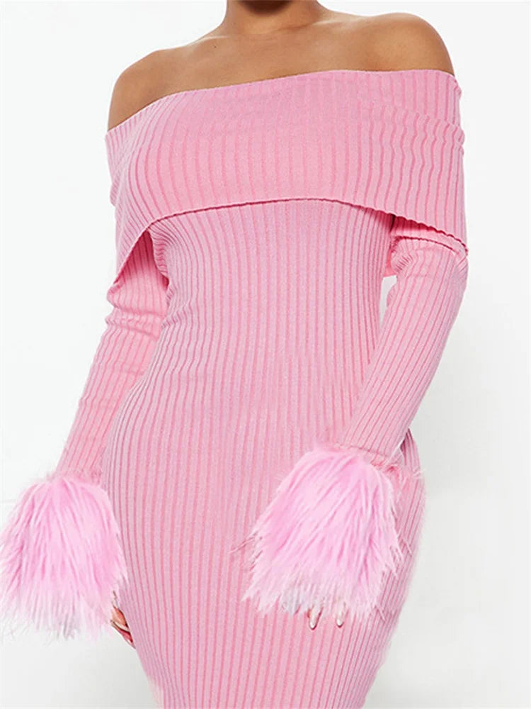 Knitted Long Sleeve Off-Shoulder Fur Patchwork Ribbed Bodycon Midi Dress Trendy Ruched Side Midi Dress