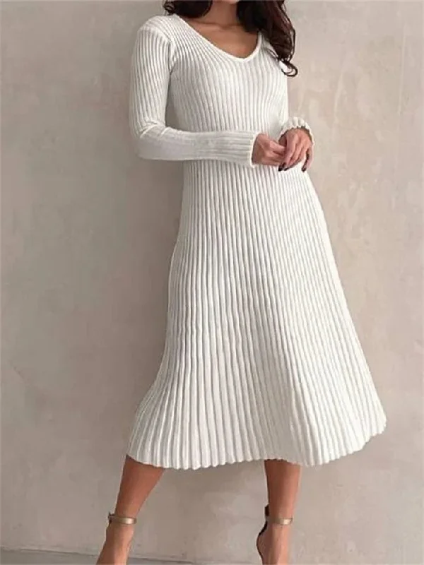 Knitted Ribbed Long Sleeve Slim Fit Solid Autumn Mid Midi Dress Stylish Vintage Midi Dress