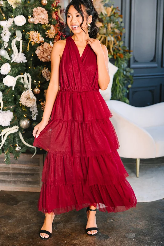 Know Your Way Crimson Red Midi Dress Fashionable Sheer Sleeve Midi Dress