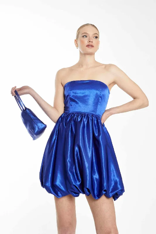 Glamorous Collection Bright Blue Strapless Puff Skirt Mini Dress Cozy Ribbed Mini Dress