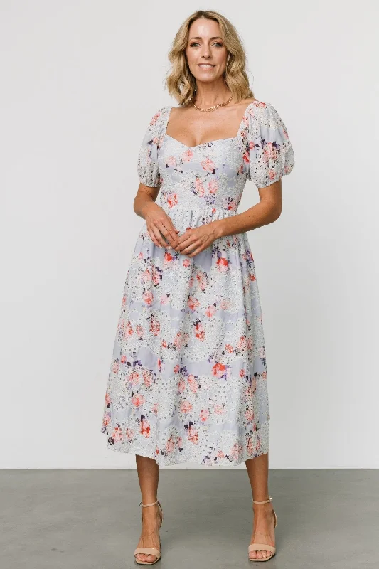 Leila Eyelet Midi Dress | Light Blue Floral Chic Off-Shoulder Midi Dress